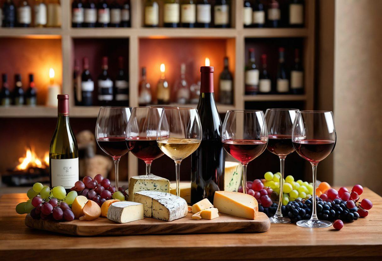 An elegant wooden table set with an assortment of wine glasses, each filled with various shades of red, white, and rosé wine. Surrounding the glasses are artisanal cheese blocks, ripe fruits, and a few fancy corks. Soft, warm light illuminates the scene, creating a cozy atmosphere. In the background, shelves filled with wine bottles of different colors and shapes. Inviting and sophisticated setting that captures the essence of wine culture. super-realistic. warm tones. cozy ambiance.