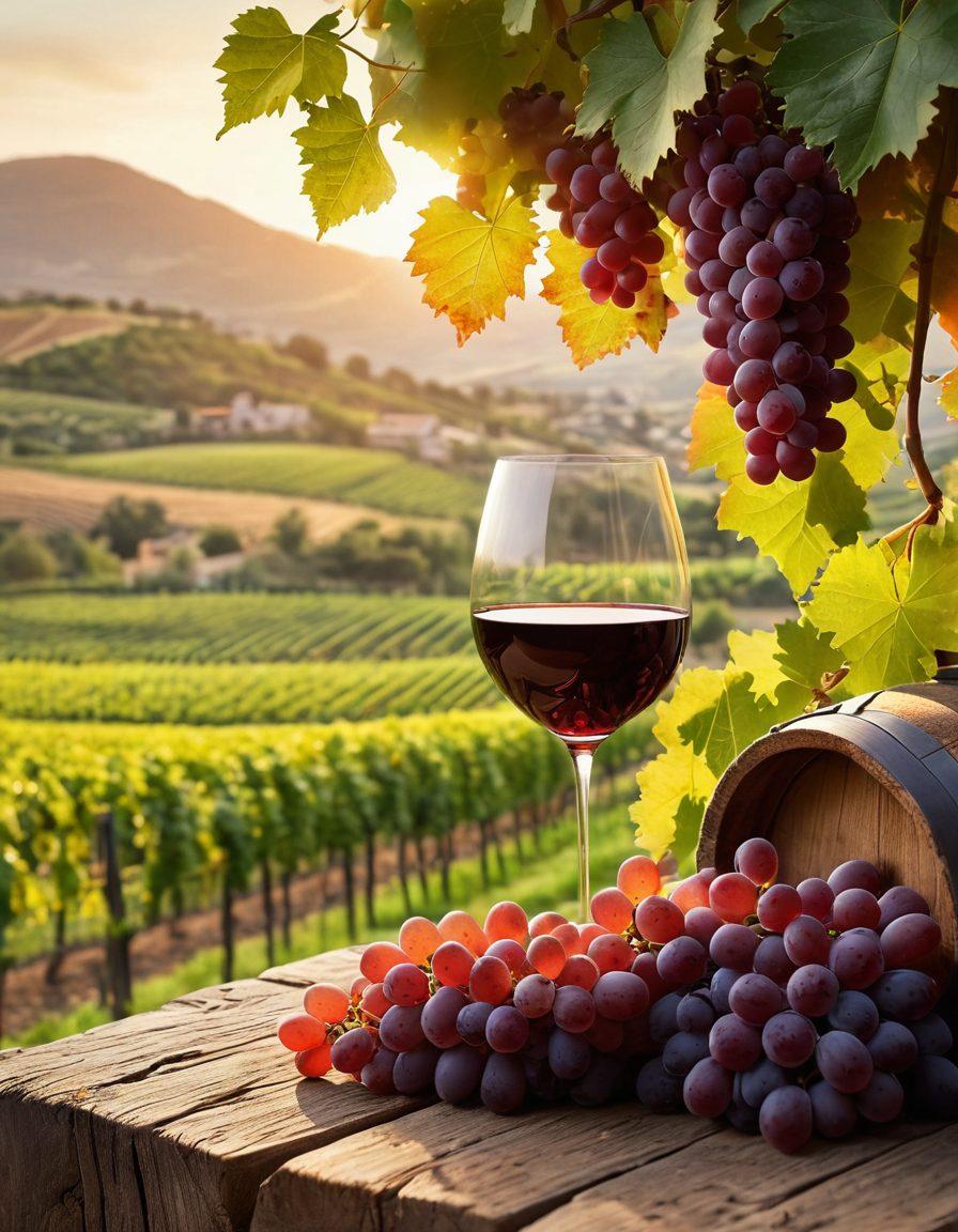 A beautifully arranged vineyard landscape at sunset, with clusters of ripe grapes hanging from vines, along with a wine glass filled with rich red wine in the foreground. Subtle hints of ancient wine barrels and a rustic backdrop of a winery evoke a sense of tradition and exploration. Lush green hills stretch into the distance, inviting the viewer into the world of wine. warm tones. super-realistic. vibrant colors.