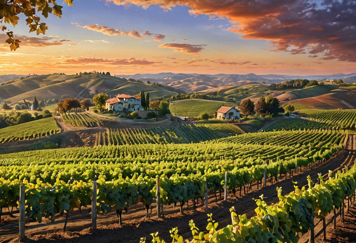 A picturesque vineyard scene showcasing rolling hills and diverse landscapes with varying soil types, illustrating the connection between geography and wine flavor. Include grape clusters, wine barrels, and a glass of wine reflecting the colors of the terroir. The sky transitions from dawn to dusk, symbolizing the passage of time in winemaking. super-realistic. vibrant colors. pastel background.
